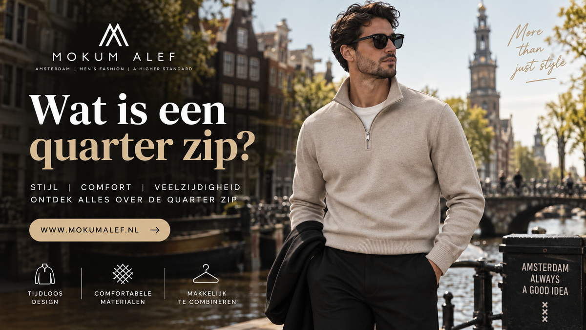 Man met een stijlvolle quarter zip trui, moderne herenmode van Mokum Alef