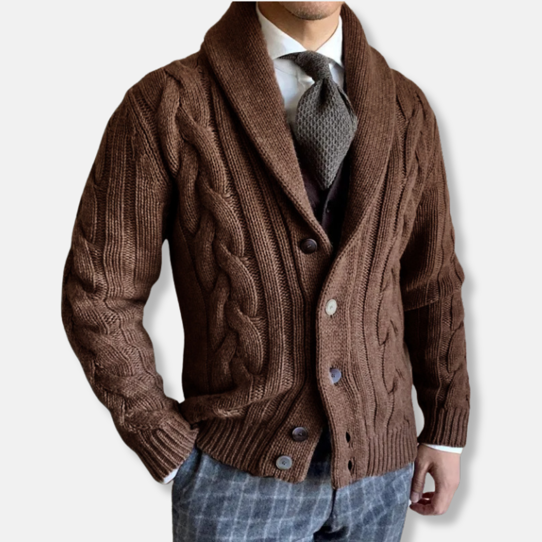Ronan Cable Knit Cardigan | Herrkofta – ullmix, sjalkrage & knappar