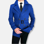 Casaco curto masculino – Mistura de lã – Ajuste sob medida – Fecho trespassado – Cinto