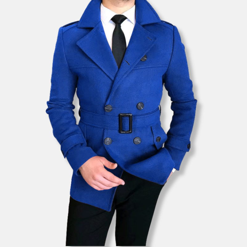 Casaco curto masculino – Mistura de lã – Ajuste sob medida – Fecho trespassado – Cinto