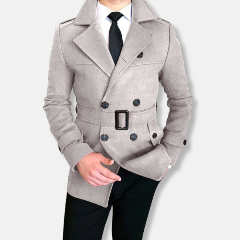 Casaco curto masculino – Mistura de lã – Ajuste sob medida – Fecho trespassado – Cinto