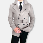 Casaco curto masculino – Mistura de lã – Ajuste sob medida – Fecho trespassado – Cinto
