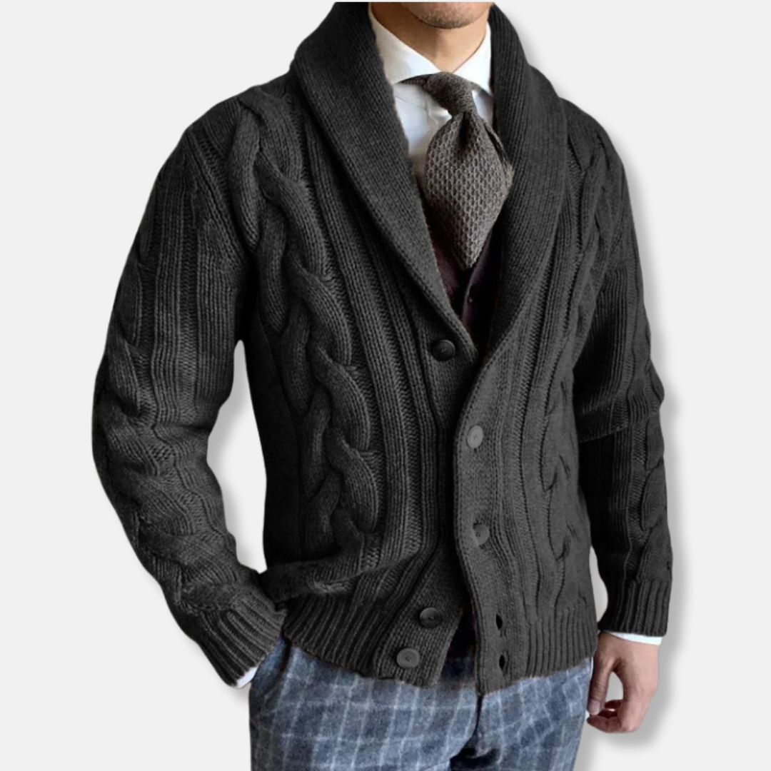 Ronan Cable Knit Cardigan | Herrkofta – ullmix, sjalkrage & knappar