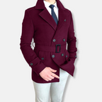 Casaco curto masculino – Mistura de lã – Ajuste sob medida – Fecho trespassado – Cinto