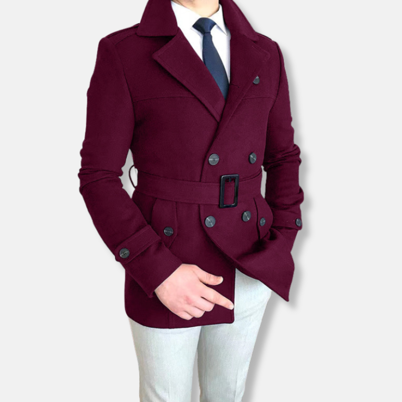 Casaco curto masculino – Mistura de lã – Ajuste sob medida – Fecho trespassado – Cinto