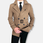 Casaco curto masculino – Mistura de lã – Ajuste sob medida – Fecho trespassado – Cinto