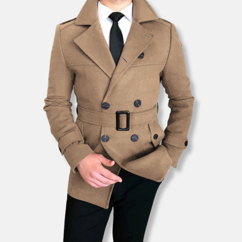 Casaco curto masculino – Mistura de lã – Ajuste sob medida – Fecho trespassado – Cinto