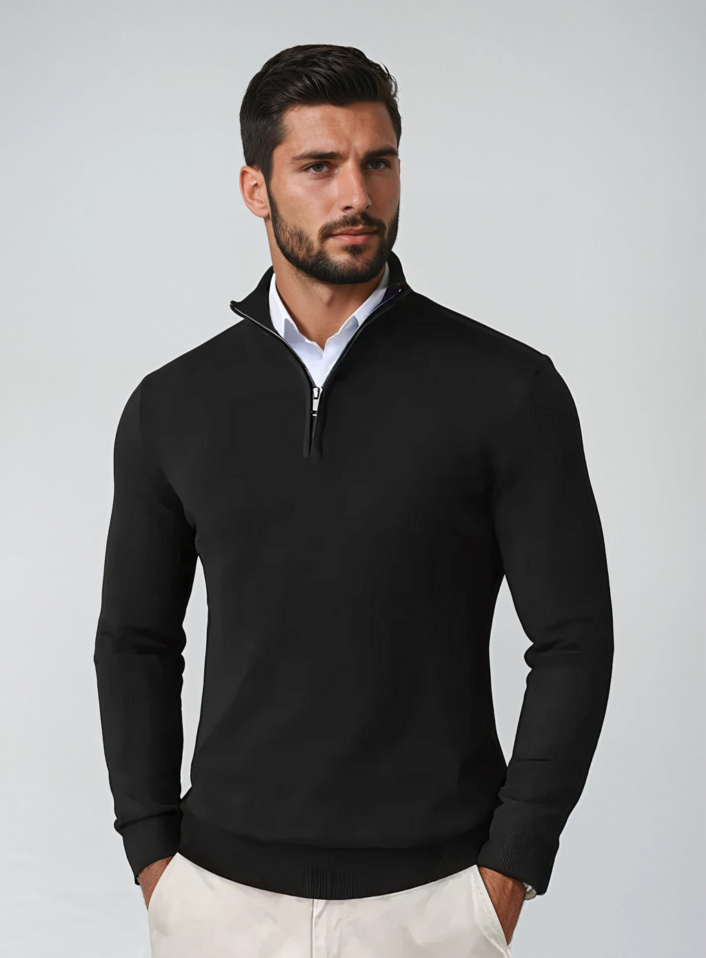 Mokum Alef Pullover aus Baumwollmischung – Herren-Pullover mit normaler Passform, Viertelreißverschluss und gerippten Bündchen