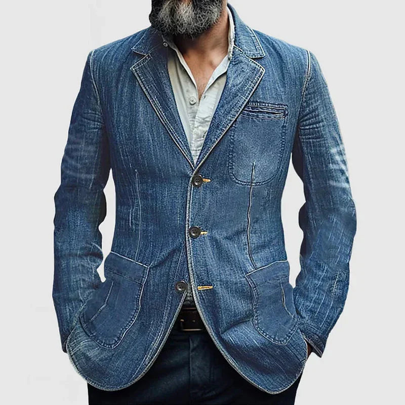 Rex denim tailored blazer – heren blazer single-breasted notch lapel, denim, full front view