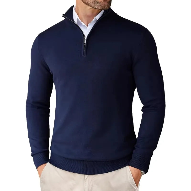 Mokum Alef Pullover aus Baumwollmischung – Herren-Pullover mit normaler Passform, Viertelreißverschluss und gerippten Bündchen