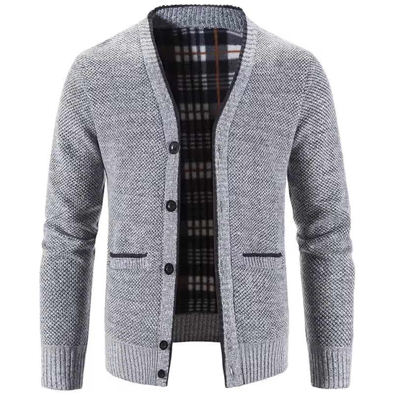 Herrecardigan – Uldmix – Skræddersyet pasform – Fleecefor – Knaplukning – Ribbede manchetter