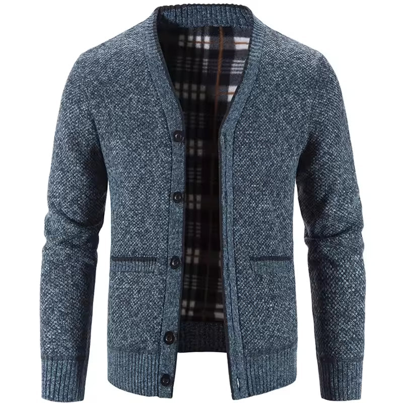 Herrecardigan – Uldmix – Skræddersyet pasform – Fleecefor – Knaplukning – Ribbede manchetter