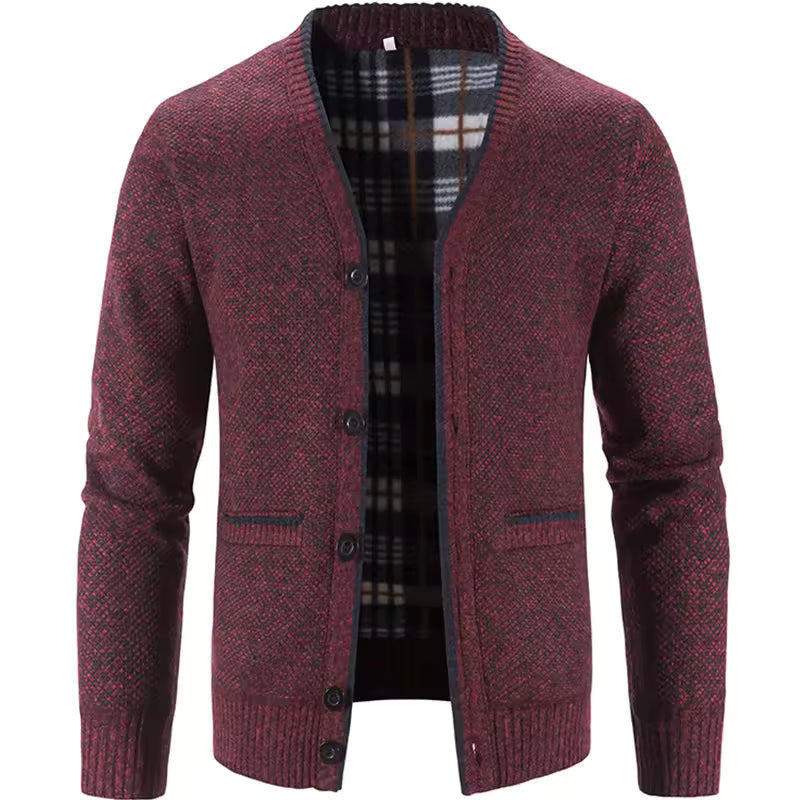 Herrecardigan – Uldmix – Skræddersyet pasform – Fleecefor – Knaplukning – Ribbede manchetter