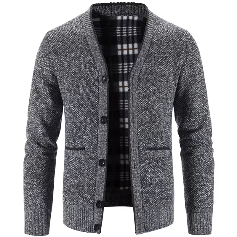 Herrecardigan – Uldmix – Skræddersyet pasform – Fleecefor – Knaplukning – Ribbede manchetter