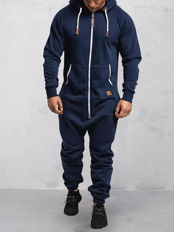 Herre jumpsuit i fleece – varm og behagelig loungedragt i ét stykke med hætte og lynlås