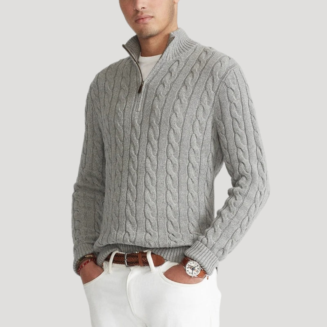 Bequemer, moderner Herrenpullover mit halbem Reißverschluss, Reißverschluss und hohem Kragen von Mokum Alef