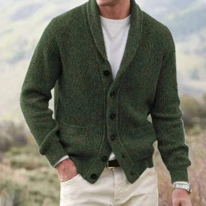 Eldon shawl collar cardigan – men's wool cardigan with shawl collar, tailored fit and button closure, front view