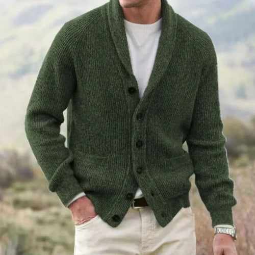 Eldon shawl collar cardigan – men's wool cardigan with shawl collar, tailored fit and button closure, front view