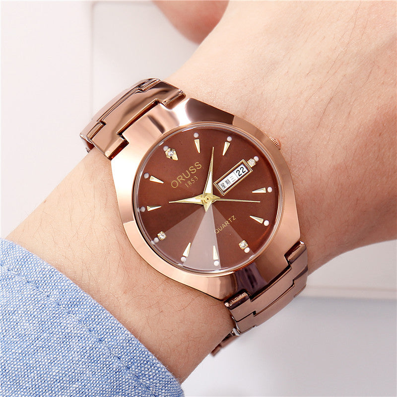 Roségouden quartz herenhorloge met legering band