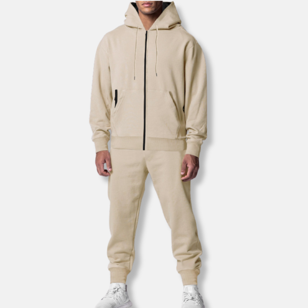 Riven relaxed tracksuit – heren trainingspak met hoodie, ritszakken en ribboorden, complete set front view